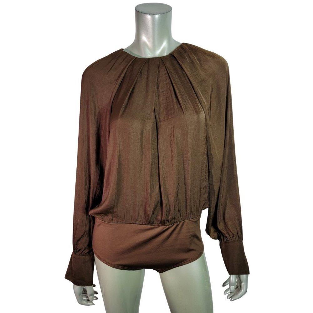 Andrew Marc New York Bodysuit Size M Round Neck Long Sleeve Casual Brown